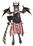  1girl alternate_costume bare_shoulders black_dress black_sleeves breasts cleavage colored_inner_hair criis-chan demon_horns demon_wings dress earrings hair_ornament holding holding_sword holding_weapon horns jewelry layered_dress long_hair long_sleeves medium_breasts multicolored_hair panty_&amp;_stocking_with_garterbelt shoes solo spiked_thighlet stocking_(psg) sword thighhighs torn_wings two-tone_hair weapon wings 