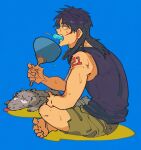  1boy arm_tattoo barefoot black_shirt blue_background brown_shorts commentary_request dog fanning_self food_in_mouth full_body hand_fan highres hot inudori itou_kaiji kaiji long_hair male_focus medium_bangs number_tattoo open_mouth popsicle_in_mouth profile scar scar_on_cheek scar_on_ear scar_on_face shirt shorts simple_background sitting sleeveless sleeveless_shirt solo tattoo teeth 