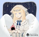  1girl angel_wings blod blonde_hair blue_eyes calca_bessarez dress highres jewelry non-web_source orb overlord_(maruyama) queen sleepwear white_dress wings 