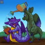  1:1 ambiguous_gender anthro dragon duo eyes_closed feathered_wings feathers foxenawolf green_body green_scales membrane_(anatomy) membranous_wings open_mouth outside plant purple_body purple_scales scales spade_tail tail watering_can wings 