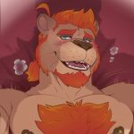  2023 anthro beard bedroom_eyes blue_eyes brown_nipples chest_tuft duo facial_hair felid first_person_view hair kousen kousen_(kousenzephyr) lion looking_at_viewer male mammal narrowed_eyes nipples orange_hair pantherine piercing seductive silvio_(kousenzephyr) tongue tongue_piercing tuft 