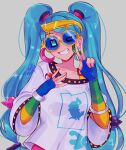  1girl aqua_hair chatot earrings fingerless_gloves gloves grin hatsune_miku highres jewelry long_hair looking_at_viewer normal_miku_(project_voltage) poke_ball pokemon project_voltage ring ruinique shirt simple_background smile sunglasses twintails v very_long_hair vocaloid white_shirt 
