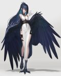  1girl absurdres bare_shoulders bird_legs bird_tail black_feathers black_hair black_wings blue_eyes blue_hair breasts cleavage colored_inner_hair dress english_commentary feathered_wings feathers gradient_hair hair_over_one_eye harpy highres ikasamahideo lips long_hair looking_at_viewer medium_breasts monster_girl multicolored_hair original ponytail sidelocks simple_background sleeveless sleeveless_dress standing standing_on_one_leg tail tail_feathers talons white_background white_dress winged_arms wings 