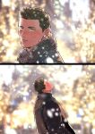  2boys black_coat black_hair blush brown_hair chris_redfield cigarette closed_eyes closed_mouth coat facial_hair highres kuconoms looking_at_another male_focus multiple_boys piers_nivans resident_evil resident_evil_6 scarf short_hair snowing winter winter_clothes yaoi 
