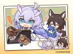  ! &gt;_&lt; 2girls :d ^_^ angry animal_ears bailu_(honkai:_star_rail) blue_hair bowl braid brown_hair chibi closed_eyes commentary_request copyright_name food hair_between_eyes honkai:_star_rail honkai_(series) horns long_hair multiple_girls official_art open_mouth smile sweat tingyun_(honkai:_star_rail) touching_tail v-shaped_eyebrows 
