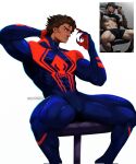  1boy 2angelisimo animal_print black_hair blue_bodysuit bodysuit dark-skinned_male dark_skin highres male_focus marvel miguel_o&#039;hara original photo-referenced red_bodysuit short_hair simple_background sitting solo spider-man:_across_the_spider-verse spider-man_(2099) spider-man_(series) spider_print thick_thighs thighs twitter_username two-tone_bodysuit white_background 