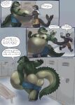  alligator alligatorid anthro barazoku belly_blush bent_over big_tail blue_eyes blush body_blush bottomwear brown_body brown_fur clothed clothing comic crocodilian dialogue duo fluximus_(flux) fluximus_(mason) fur gesture green_body green_scales grunting hand_holding hand_on_wall hi_res huge_tail hyper hyper_pregnancy i_love_you ily_sign locker_room love male male/male maleherm_(lore) mammal marine multicolored_body muscular muscular_anthro muscular_male navel nipple_piercing nipples outie_navel pants piercing pinniped pregnant pregnant_male reptile romantic romantic_couple sauna scales scalie seal sign_language signature silvertine story story_in_description tail thick_tail topless unborn_kicking undressing watermark whiskers yellow_eyes 