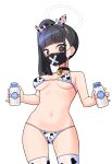  1girl absurdres animal_ears animal_print bell bikini black_eyes black_hair blue_archive blunt_bangs blush bottle breasts chuo8008 cow_ears cow_print fake_animal_ears halo highres long_hair looking_at_viewer mask mouth_mask navel neck_bell side_ponytail simple_background solo sukeban_(smg)_(blue_archive) swimsuit white_background 