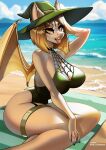  2023 anthro aomori bat beach beach_towel big_breasts breasts clothing collarbone eyebrows eyelashes female finger_ring hair hand_on_knee hand_on_leg hat headgear headwear looking_at_viewer mammal membrane_(anatomy) membranous_wings one-piece_swimsuit open_mouth orange_eyes outside ring seaside short_hair solo swimwear tan_body tan_hair teeth tongue tongue_out towel wings witch_hat 