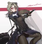  1girl absinthe_(arknights) animal_ears arknights bag bear_ears bear_girl bike_shorts_under_skirt black_hairband black_pantyhose black_shirt breasts brown_hair character_name grey_hair gunblade hairband highres holding holding_weapon long_hair long_sleeves macreeeeee messenger_bag pantyhose red_eyes rhodes_island_logo shirt shoulder_bag solo weapon 