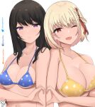  2girls bikini black_hair blonde_hair blue_bikini breasts cleavage collarbone facebook_username floral_print hair_ribbon heart heart_hands heart_hands_duo highres inoue_takina large_breasts long_hair looking_at_viewer lycoris_recoil medium_breasts medium_hair multiple_girls nishikigi_chisato one_eye_closed open_mouth patreon_username purple_eyes red_eyes ribbon shoulder-to-shoulder simple_background smile swept_bangs swimsuit syyn_(syyndev) twitter_username upper_body white_background yellow_bikini 