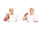  1boy blonde_hair blush_stickers cheek_bulge cropped_torso eating facial_hair food food_on_face goatee happy highres macaron male_focus parfait reiner_braun shingeki_no_kyojin shirt short_hair stubble syabbal-i white_shirt 