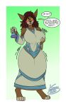  anthro big_breasts biped breasts brown_body brown_fur canid canine clothed clothing dialogue english_text female fur hi_res holding_breast lunarspy mammal potion solo text 