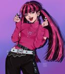  1girl absurdres alternate_costume belt black_hair black_pants detached_sleeves dracula draculaura earrings fangs gradient_background highres jewelry k-pop koburash1wa looking_at_viewer monster_high multicolored_hair necklace open_mouth pants paperclip_earrings pink_hair pink_shirt pink_sleeves pointy_ears purple_eyes shirt solo twintails two-tone_hair 