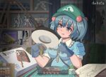  1girl :p absurdres assembling bangs blue_eyes blue_hair blush breasts duhota eyebrows_hidden_by_hair gloves green_headwear hair_between_eyes hair_bobbles hair_ornament hat highres holding kawashiro_nitori key lamp medium_breasts solo sweat table tongue tongue_out touhou toy_tank upper_body 