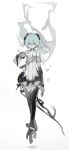  1girl absurdres alternate_costume anklet bare_shoulders barefoot black_gloves black_pants blue_hair blue_nails bridal_gauntlets center_opening clothing_cutout commentary crossed_legs elbow_gloves english_commentary expressionless floating floating_hair full_body gloves grey_eyes grin hair_ornament half-closed_eyes hatsune_miku hatsune_miku_(append) high_collar highres jewelry keroreud long_hair looking_at_viewer navel outstretched_arm pants shirt simple_background sleeveless sleeveless_shirt smile solo stomach thigh_cutout thigh_gap very_long_hair vocaloid vocaloid_append white_background white_shirt 