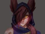  1girl animal_ears closed_mouth ears_through_headwear facial_mark hair_over_one_eye highres hood hood_up league_of_legends long_hair looking_at_viewer odanju one_eye_covered portrait red_hair shoulder_plates simple_background skull solo xayah yellow_eyes 