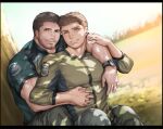  2boys bara black_hair black_pants brown_hair chris_redfield couple day facial_hair green_jacket green_shirt holding_hands jacket large_pectorals male_focus multiple_boys muscular muscular_male outdoors pants pectorals piers_nivans resident_evil resident_evil_6 shirt short_hair tarowo watch wristwatch yaoi 