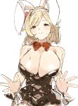  1girl alternate_breast_size animal_ears bare_shoulders black_dress black_skirt blonde_hair blush bow bowtie breasts brown_eyes cleavage covered_navel djeeta_(granblue_fantasy) dress fake_animal_ears gorirago granblue_fantasy highres large_breasts looking_at_viewer playboy_bunny rabbit_ears red_bow red_bowtie short_hair simple_background sketch skirt sleeveless smile solo strapless white_background wrist_cuffs 