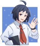  1boy :d ahoge black_hair cheren_(pokemon) collared_shirt commentary_request hand_up highres looking_at_viewer male_focus mocacoffee_1001 necktie notice_lines open_mouth pokemon pokemon_bw2 red_necktie shirt short_hair signature sleeves_rolled_up smile solo sparkle tie_clip tongue waving white_shirt 
