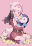  1girl bag beak boots dawn_(pokemon) dress flower hands_up hat highres hug ichigogari_pi knee_boots long_hair long_sleeves on_flower open_mouth pink_background piplup poke_ball_print pokemon pokemon_(game) pokemon_dppt red_dress scarf sitting smile wariza white_headwear yellow_flower 