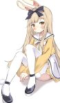  1girl animal_ears blonde_hair blush bow full_body hair_bow highres knees_up long_hair long_sleeves looking_at_viewer orobou rabbit_ears sailor_collar shirt shoes sitting solo thighhighs very_long_hair vyugen white_sailor_collar white_thighhighs yellow_eyes yellow_shirt yenko_(vtuber) 