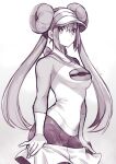  1girl breasts double_bun greyscale hair_between_eyes hair_bun highres long_hair looking_at_viewer medium_breasts monochrome pantyhose pokemon pokemon_(game) pokemon_bw2 rosa_(pokemon) shirt shorts simple_background solo takatsuki_ichi twintails undressing watermark white_background 