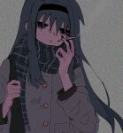  1girl akemi_homura black_hairband black_nails blue_scarf cigarette empty_eyes green_hair grey_jacket hairband highres holding holding_cigarette jacket long_hair mahou_shoujo_madoka_magica multicolored_background r_(reijibnuy2) scarf smoking solo static 