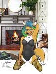  2023 anthro bedroom_eyes breasts candle canid canine cleavage clothed clothing dipstick_ears dipstick_tail female fireplace fishnet fishnet_legwear fox furniture green_eyes hair hand_behind_head hi_res inside kittfur_(character) kneeling legwear lingerie looking_at_viewer mammal markings mirror multicolored_ears multicolored_hair narrowed_eyes photo_background photography_(artwork) rabbi-tom richard_konkle seductive smile sofa solo tail tail_markings 