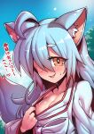  1girl ahoge animal_ear_fluff animal_ears blue_hair blush breasts cloud cloudy_sky eyes_visible_through_hair fox_ears fox_girl fox_tail indie_virtual_youtuber japanese_clothes looking_at_viewer nipples onyankopon_(vtuber) open_mouth sky small_breasts sweatdrop tail thick_eyebrows tukiwani virtual_youtuber yellow_eyes 