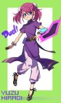  1girl :d blue_eyes card character_name chinese_clothes dress duel_disk full_body hair_between_eyes hiiragi_yuzu holding holding_card looking_at_viewer open_mouth pants pink_hair pira_811 purple_dress simple_background smile solo twintails yu-gi-oh! yu-gi-oh!_arc-v 