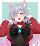  1girl absurdres animal_ear_fluff animal_ears aqua_eyes black_bow bow braid breasts cat cat_ears earrings french_braid gradient_hair green_background grey_hair hair_over_one_eye heart highres hiiragi_emuri indie_virtual_youtuber jewelry large_breasts long_hair long_sleeves mole mole_under_eye multicolored_hair natch_imaycz pink_hair signature simple_background upper_body virtual_youtuber 
