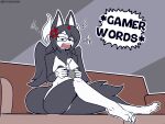  4:3 absol absurd_res amaya_nizui angry anthro areola breasts claws english_text eyewear female furniture generation_3_pokemon generation_4_pokemon genitals glasses hi_res horn hybrid lucario nintendo nude pokemon pokemon_(species) pussy sofa solo text theman wavebird_controller wings 