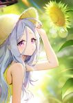  1girl ahoge arms_up bare_arms bare_shoulders blue_archive blush closed_mouth dress flower forehead hair_between_eyes halo hand_up hat highres hina_(blue_archive) holding holding_clothes holding_hat light_blush long_hair looking_at_viewer picter purple_eyes sleeveless solo sun_hat sunflower sunlight upper_body white_hair yellow_dress 