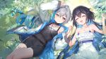  2girls ^_^ alternate_costume bare_shoulders breasts bronya_zaychik bronya_zaychik_(herrscher_of_truth) closed_eyes collarbone colored_inner_hair crossed_bangs dress english_commentary gradient_hair grey_eyes grey_hair hair_between_eyes happy highres honkai_(series) honkai_impact_3rd interlocked_fingers jacket looking_at_another lying multicolored_hair multiple_girls on_back on_grass open_clothes open_hand open_jacket second-party_source seele_vollerei single_drill small_breasts streaked_hair upper_body white_dress white_jacket white_sleeves yu-ri yuri 