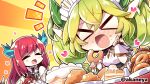  &gt;_&lt; 2girls akaneya apron blue_horns blush breasts cake chibi commission doughnut dragon_girl dragon_horns dragon_tail dress duel_monster eating food green_hair green_horns horns kitchen_dragonmaid lace-trimmed_apron lace_trim large_breasts long_hair long_sleeves maid maid_apron maid_headdress multiple_girls open_mouth pancake parlor_dragonmaid puffy_sleeves red_hair short_sleeves skeb_commission tail yu-gi-oh! 