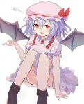  1girl ar_(maeus) ass bat_wings black_socks collared_shirt frilled_skirt frills hair_between_eyes hat hat_ribbon highres mob_cap open_mouth pink_headwear pink_shirt pink_skirt purple_hair red_eyes red_ribbon remilia_scarlet ribbon shirt short_hair simple_background skirt socks solo touhou white_background wings 