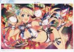  1girl absurdres bare_shoulders blonde_hair breasts cleavage dual_wielding food green_eyes high_heels highres holding holding_food large_breasts long_hair looking_at_viewer midriff navel official_art open_mouth page_number scan senran_kagura senran_kagura_new_link shiny_skin simple_background smile solo stomach thigh_strap thighs yaegashi_nan 