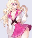  1girl blonde_hair blue_eyes breasts collarbone commentary cowboy_shot cropped_sweater english_commentary glasses grey_background large_breasts long_hair long_sleeves looking_at_viewer midriff original oto1_030 pink_sailor_collar pink_serafuku pink_skirt pleated_skirt sailor_collar school_uniform serafuku simple_background skirt solo sweater wavy_hair white_sweater 