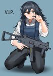  1girl assault_rifle black_eyes black_hair black_pants blue_background borrowed_character bulletproof_vest collared_shirt copyright_name full_body gun hair_between_eyes headset highres holding holding_weapon kneeling long_hair messy_hair mikumikudance open_mouth original pants rifle shirt simple_background sleeves_rolled_up solo toiro_(mononz3) weapon white_shirt 