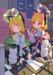  2girls absurdres animal_ear_headphones animal_ears aqua_bow aqua_necktie black_skirt black_thighhighs blonde_hair blue_archive blush bow cat_tail collared_shirt cro_(user_znms5733) fake_animal_ears green_halo hair_bow halo handheld_game_console headphones highres holding holding_pen jacket long_sleeves midori_(blue_archive) momoi_(blue_archive) multiple_girls necktie nintendo_switch parted_lips pen pink_halo pleated_skirt red_bow red_eyes shirt short_hair siblings sisters skirt tail thighhighs twins white_jacket white_shirt wide_sleeves 