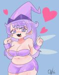  1girl \m/ absurdres amiya_aranha artist_name bare_shoulders betilla_(rayman) betilla_(rayman)_(cosplay) blue_eyes breasts cleavage collarbone cosplay english_commentary fairy_wings fangs hair_behind_ear hat heart highres indie_virtual_youtuber medium_breasts navel ouchihitme pointing purple_eyes purple_hair purple_headwear purple_skirt purple_tube_top rayman_(series) skin_fangs skirt solo strapless thick_thighs thighs tube_top two-tone_eyes virtual_youtuber wide_hips wings wristband 