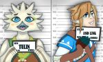  absurd_res avian barbie_and_ken_mugshot_meme beak biped bird blue_eyes breath_of_the_wild clothed clothing digital_media_(artwork) duo english_text feathered_wings feathers fingers fur hi_res holding_object humanoid humanoid_pointy_ears hylian itzimiau link looking_at_viewer male male/male mammal meme mugshot nintendo open_mouth rito simple_background smile tears_of_the_kingdom text the_legend_of_zelda tulin_(tloz) white_body white_feathers wings young 