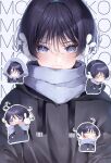  1boy alternate_costume black_hair black_hoodie blue_eyes blush chibi closed_mouth genshin_impact hair_between_eyes hairband highres hood hoodie ma_d_k_89 male_focus scaramouche_(genshin_impact) scarf shirt short_hair solo 