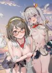  2girls beach black_hair blue_skirt blue_sky breasts cloud commentary_request dawn detached_sleeves gloves gradient_hair grey_eyes grey_hair hairband highres horizon kantai_collection kashima_(kancolle) kirishima_(kancolle) large_breasts long_hair long_sleeves looking_at_viewer military_uniform multicolored_hair multiple_girls navel ocean outdoors short_hair sidelocks skirt sky torn_clothes twintails uniform white_gloves yuugo_(atmosphere) 