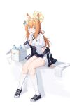  1girl :o absurdres animal_ear_fluff animal_ears arm_support blue_archive blue_eyes bottle breasts cooler dot_nose full_body halo highres ice jacket kafeifeifeifeifeifei_jiemo_jun kneehighs knees_together_feet_apart legs_together light_blush long_hair looking_at_viewer mari_(blue_archive) mari_(track)_(blue_archive) off_shoulder official_alternate_costume open_mouth orange_hair shadow shirt shoes short_shorts shorts simple_background sitting small_breasts sneakers socks solo sweat thighs towel water_bottle white_background white_shirt 