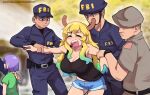  1girl 5boys arrest bare_arms belt black_shirt blonde_hair blue_hair blue_shorts blurry blurry_background blush breasts cleavage closed_eyes dashi_(dashiart) fbi green_hair hat highres kobayashi-san_chi_no_maidragon large_breasts lucoa_(maidragon) magatsuchi_shouta multiple_boys open_mouth pants purple_hair shirt short_shorts shorts tongue watch wristwatch 