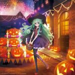  1girl black_pantyhose brick_road brick_wall building candle candy candy_cane character_name date_a_live door dress fireworks food green_eyes green_hair halloween hat high_heels highres natsumi_(date_a_live) night official_art outdoors pantyhose pavement pumpkin purple_dress red_footwear window witch_hat 
