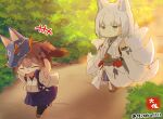  +++ 2girls animal_ears artist_name azur_lane blue_eyes blue_hakama blush brown_hair chibi closed_eyes commentary crossover detached_sleeves fox_ears fox_girl fox_tail hair_between_eyes hakama hakama_short_skirt hakama_skirt historical_name_connection japanese_clothes kaga_(battleship)_(azur_lane) kaga_(kancolle) kantai_collection kitsune kyuubi makeup mask mask_on_head multiple_girls multiple_tails name_connection open_mouth pleated_skirt revision short_hair side_ponytail skirt tail taisa_(kari) tasuki thighhighs twitter_username white_hair 