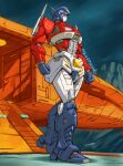  1girl ark_(transformers) artist_name autobot blue_eyes clenched_hands commentary english_commentary genderswap genderswap_(mtf) makoto_ono mecha optimus_prime robot science_fiction sky solo transformers walking 